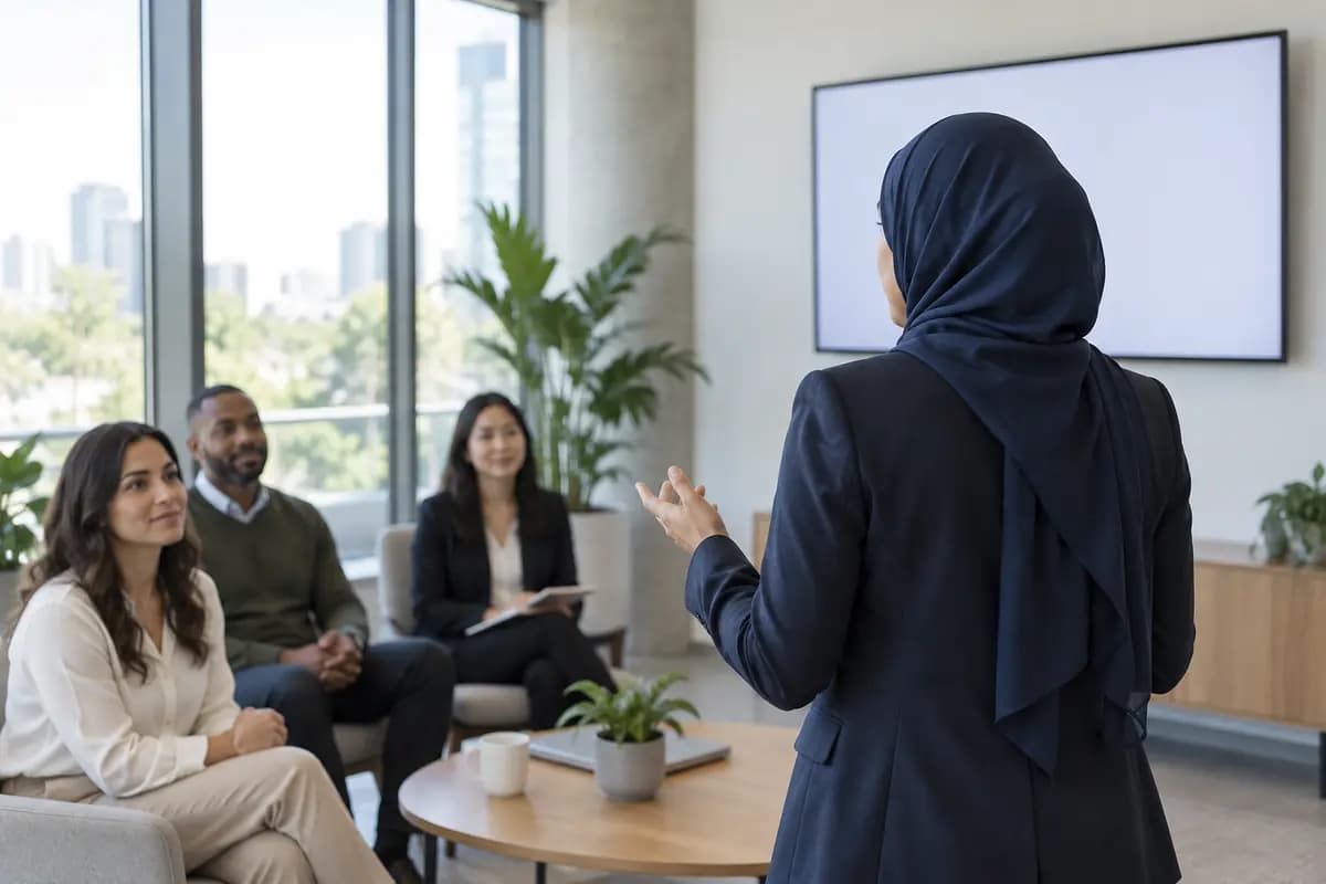 A woman in a navy hijab presenting to a small group in a bright meeting room