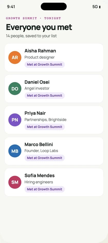 A phone showing Everyone you met at Growth Summit, fourteen people saved, each with their role and Met at Growth Summit