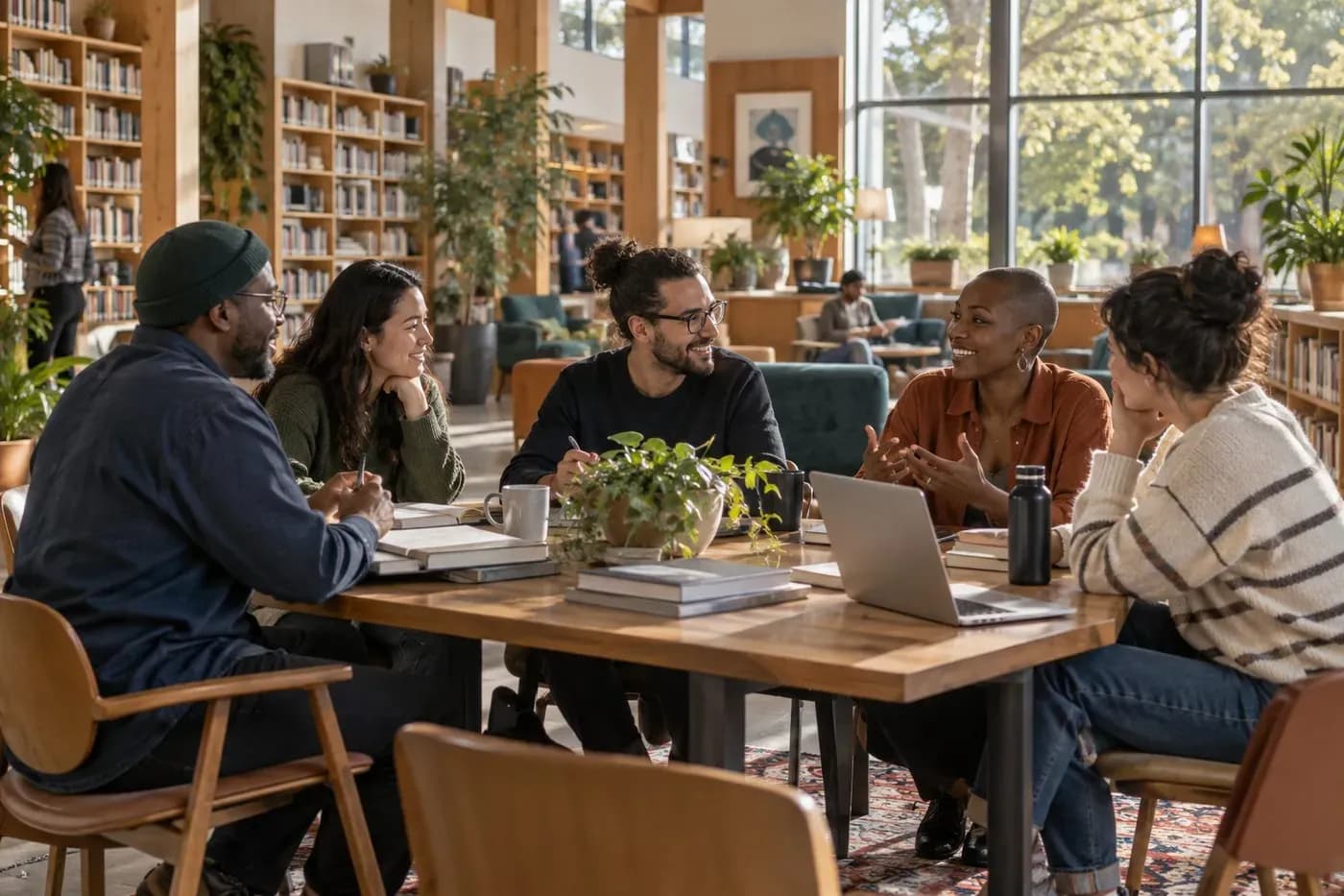 People meeting around a table in a sunlit room