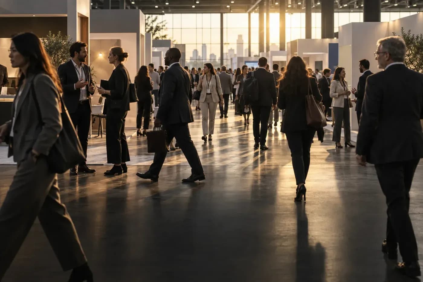 A busy conference hall at golden hour, people walking and talking between stands