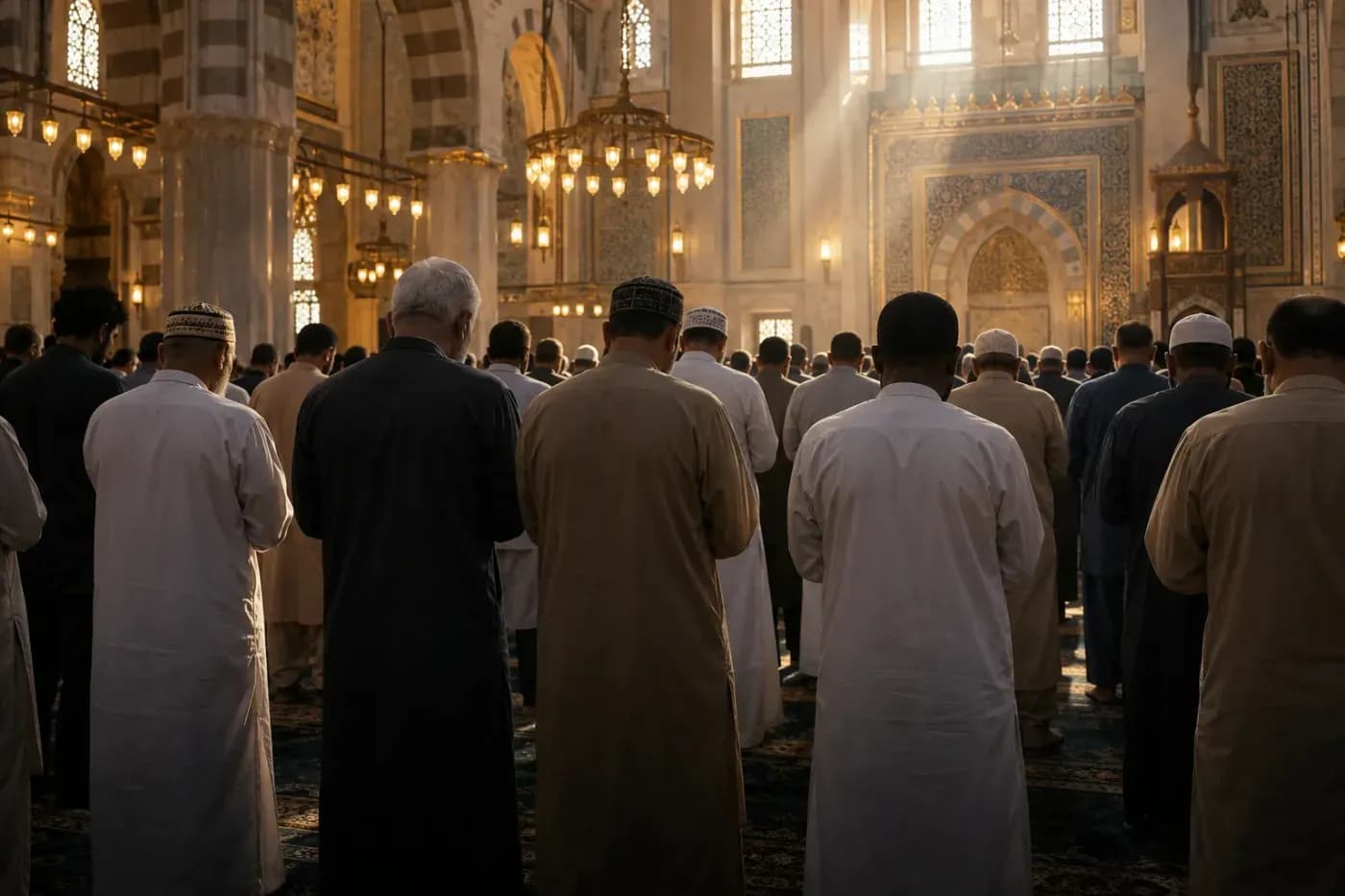 Rows of worshippers standing in a mosque, light coming through the windows