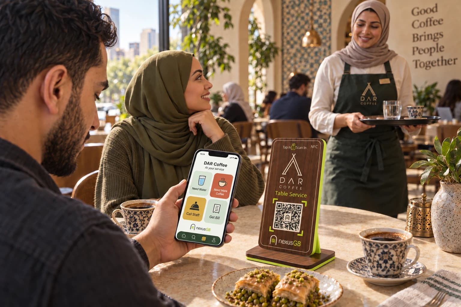 A cafe table with a small stand holding a code, and a guest holding a phone showing buttons to call staff