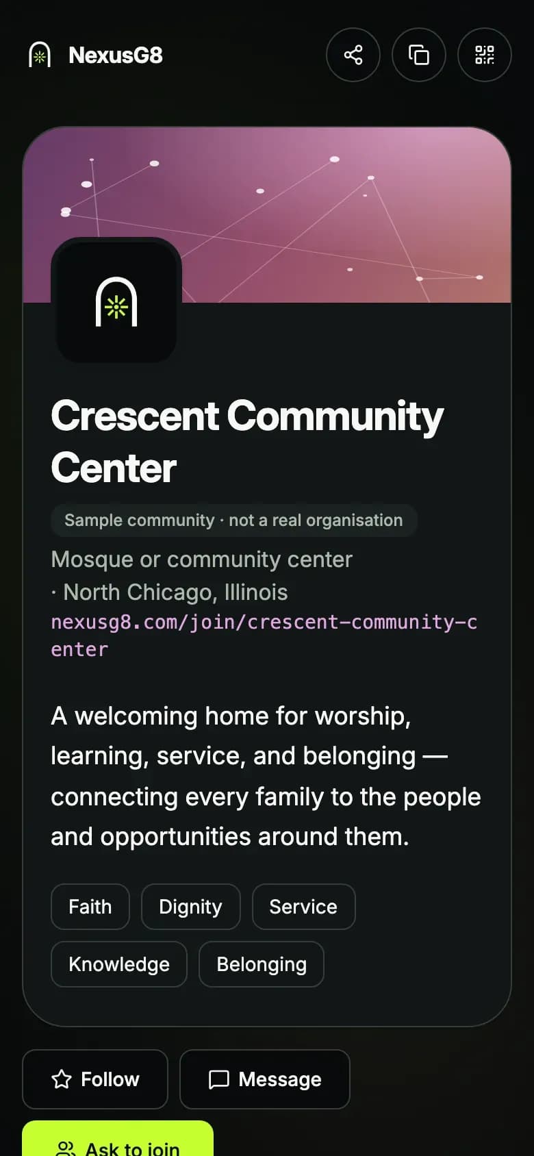 A Community Gate on a phone: the community's name, its kind and city, and the Follow and Ask to join buttons