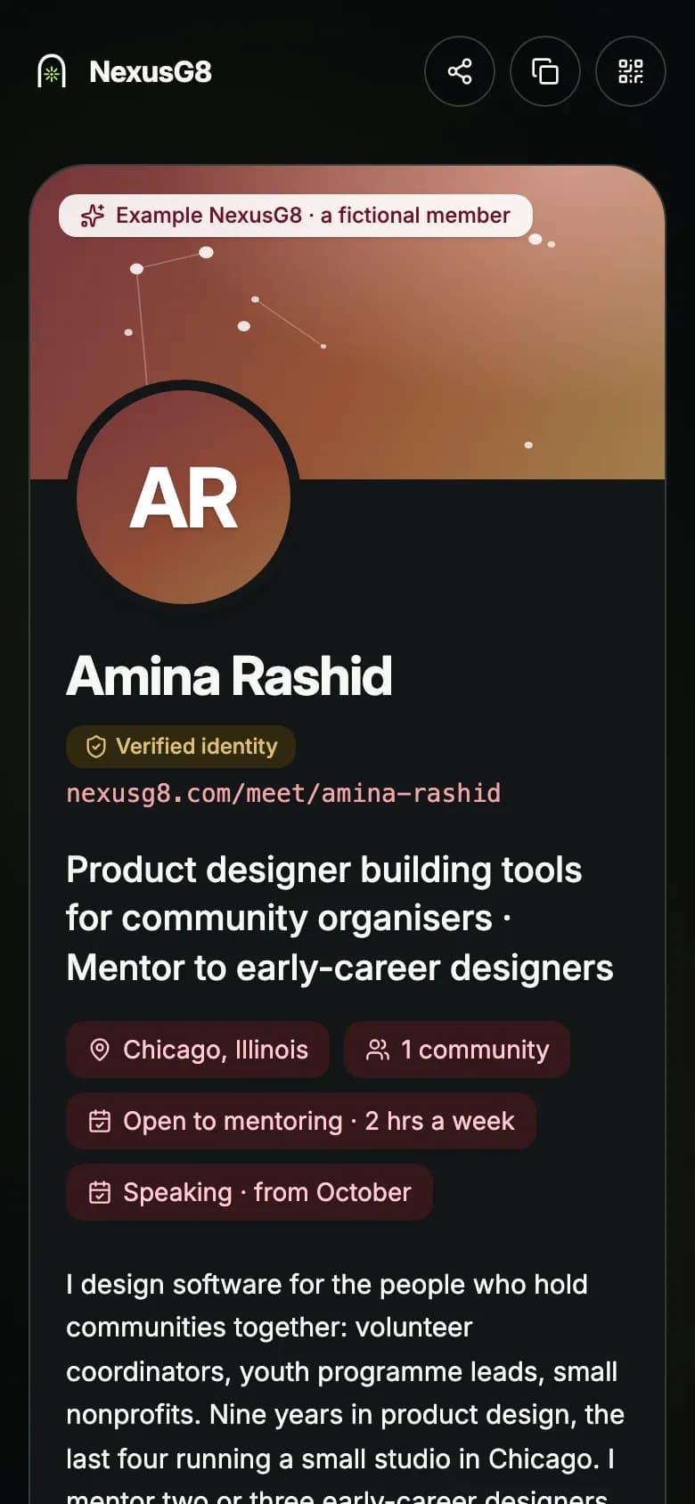 A Personal Page on a phone: a name, a headline, a city and the communities this person belongs to