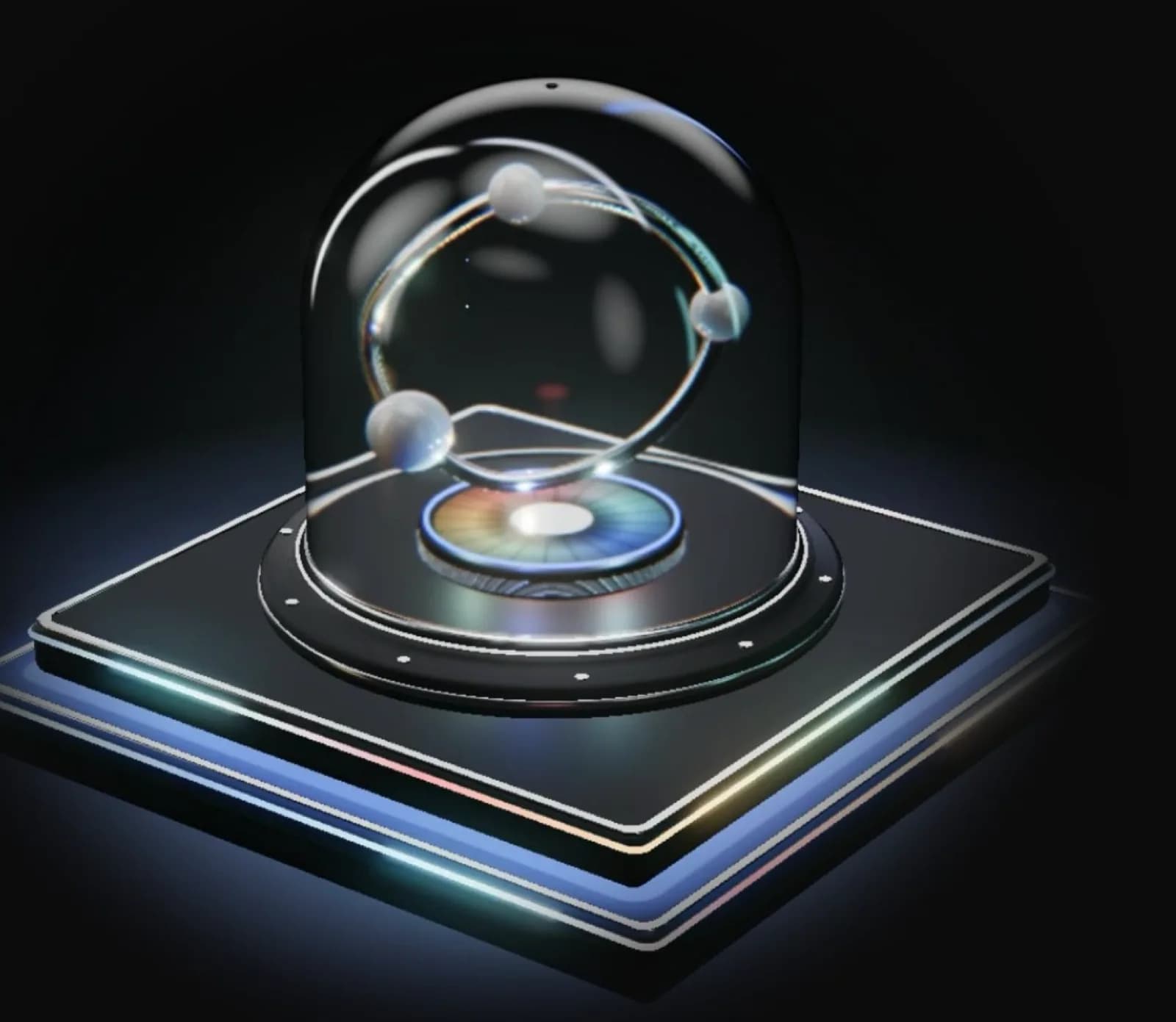 Famfol’s own render of its product: a glass dome over a glowing core on a dark platform