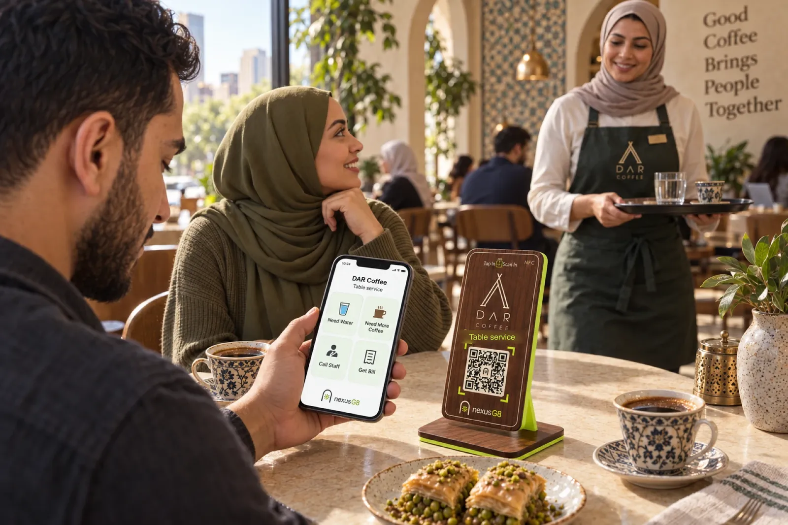 A guest at DAR Coffee scans the table gateway and his phone opens table service: Need water, Need more coffee, Call staff, Get bill