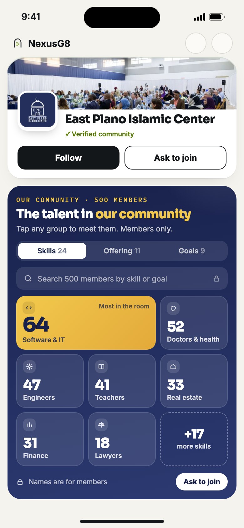 The talent section on a community’s join page: members counted by skill, every tile a button to join