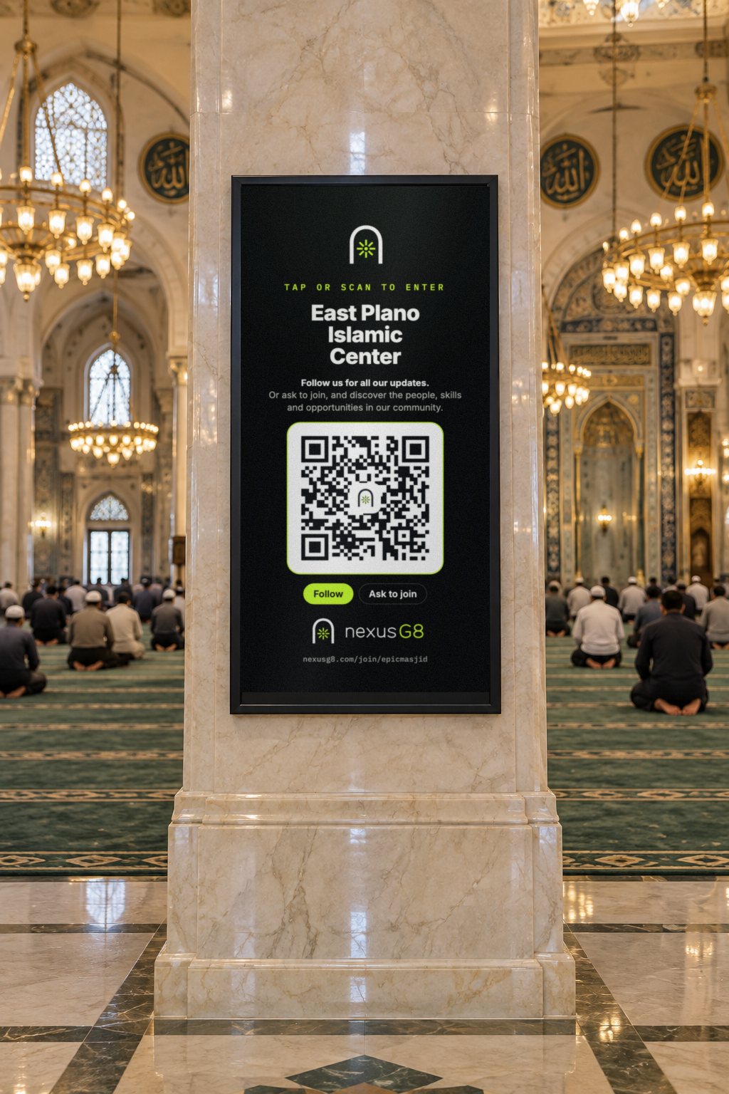 Concept: a NexusG8 gateway for East Plano Islamic Center on a marble pillar, with a working QR code