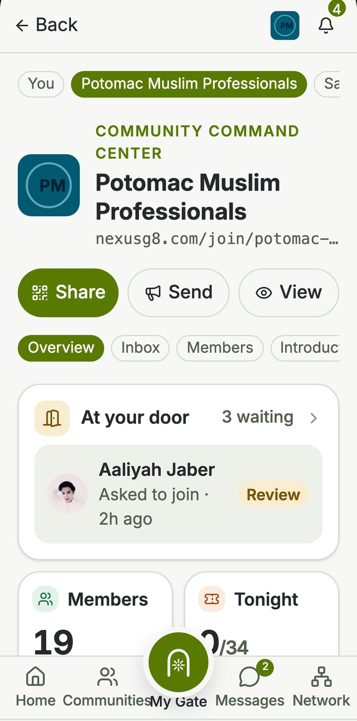 A community control panel showing who is waiting to join, members and tonight’s event