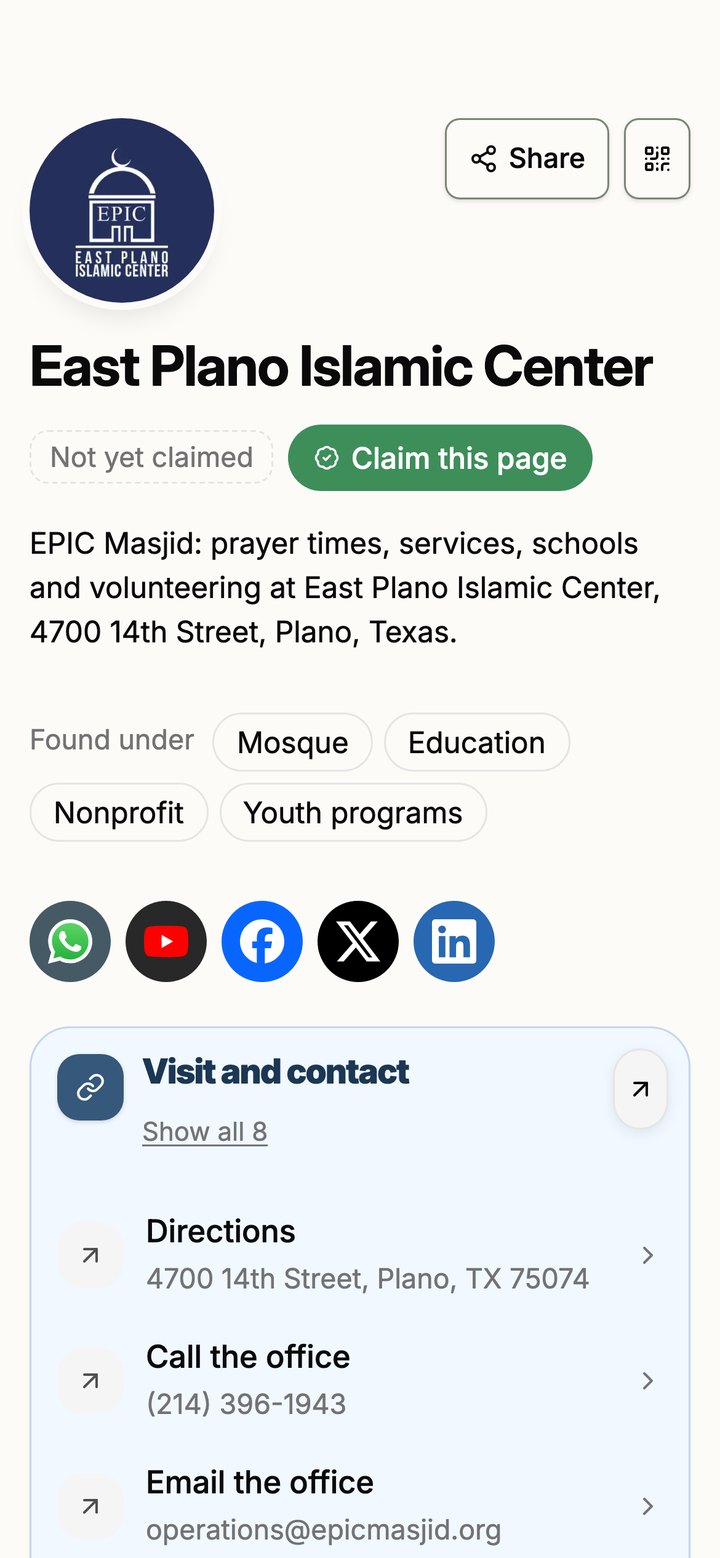 EPIC’s page built from blocks, with its socials and how to reach it