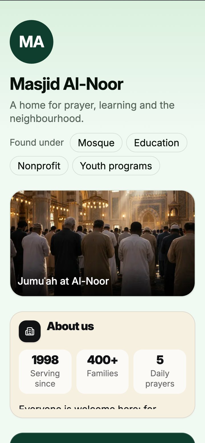 A website built from blocks: a mosque page with prayer times, a photo and its story
