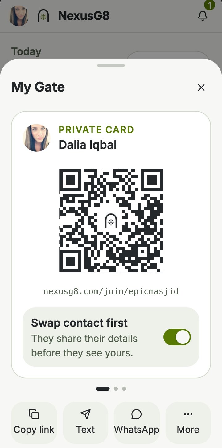 My Gate sheet with a private card QR code and Swap contact first