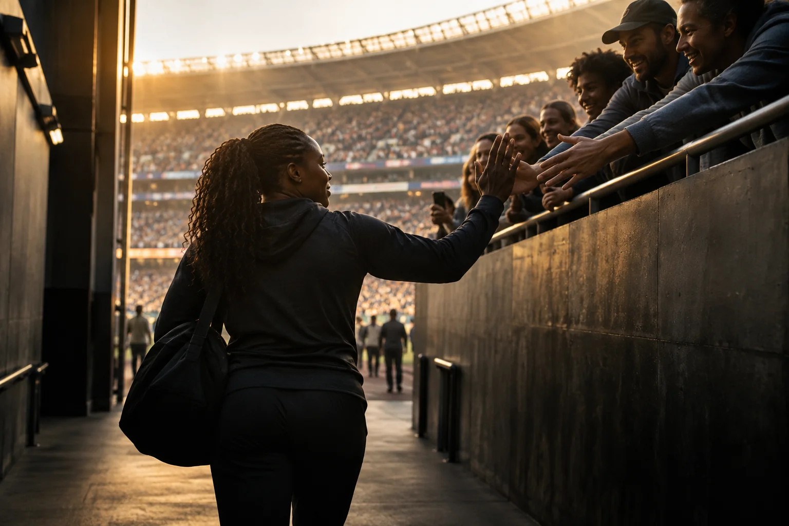 Fictional adult athlete looking toward a small gathering of supporters from a stadium tunnel