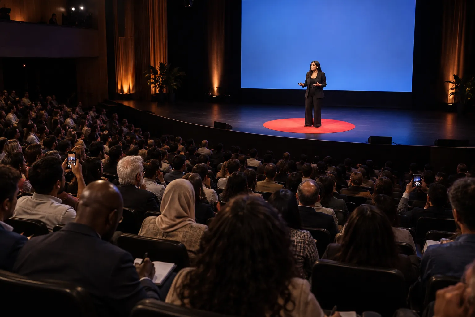 Illustrative conference: an audience in tiered seats watching a startup founder speak on a spotlit stage