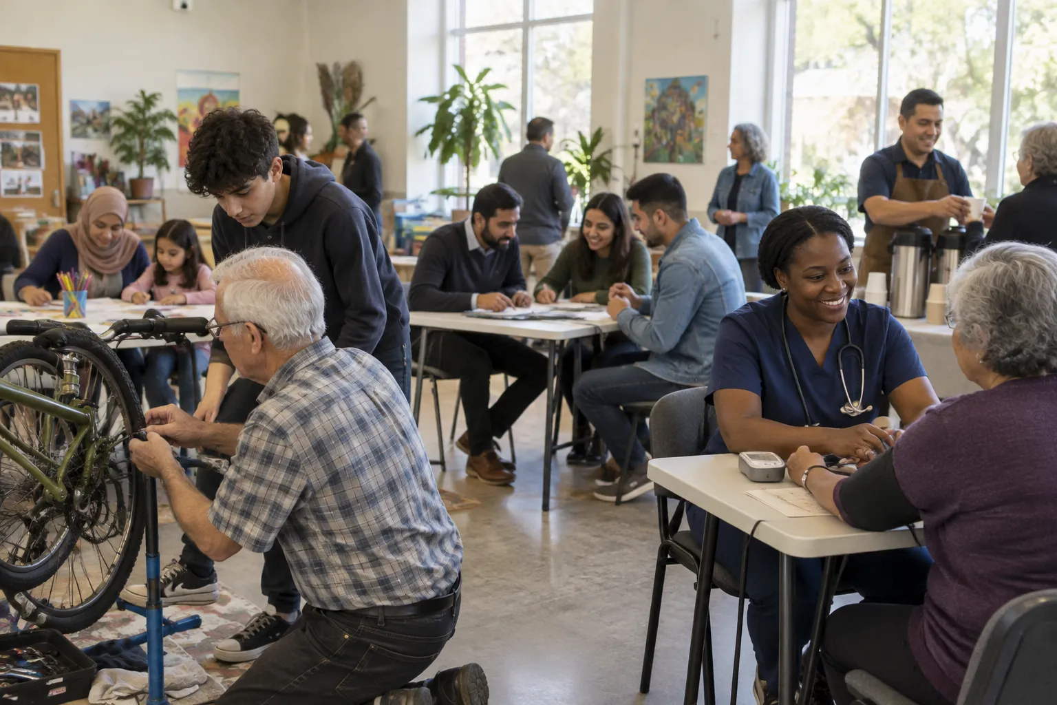 Illustrative scene of neighbours meeting and helping each other at a community center skills fair