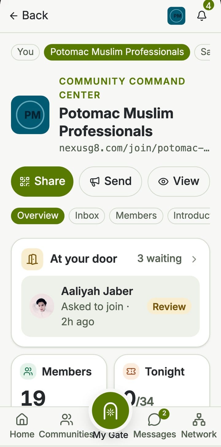 A community Command Center showing share, send and view actions, tabs for overview, inbox and members, and three people waiting at the door to be approved.