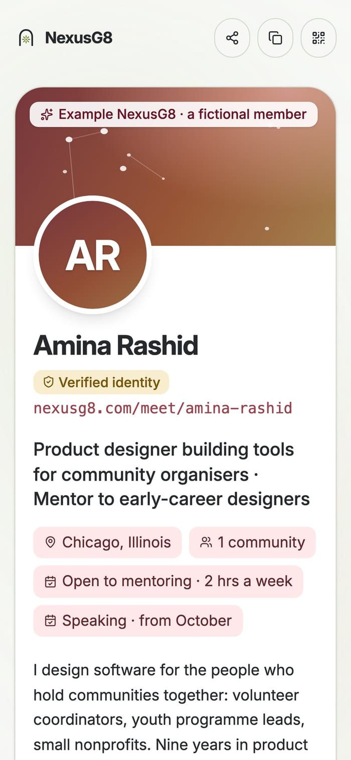 A member's own page, showing their name, verified identity, what they do and the community they belong to.