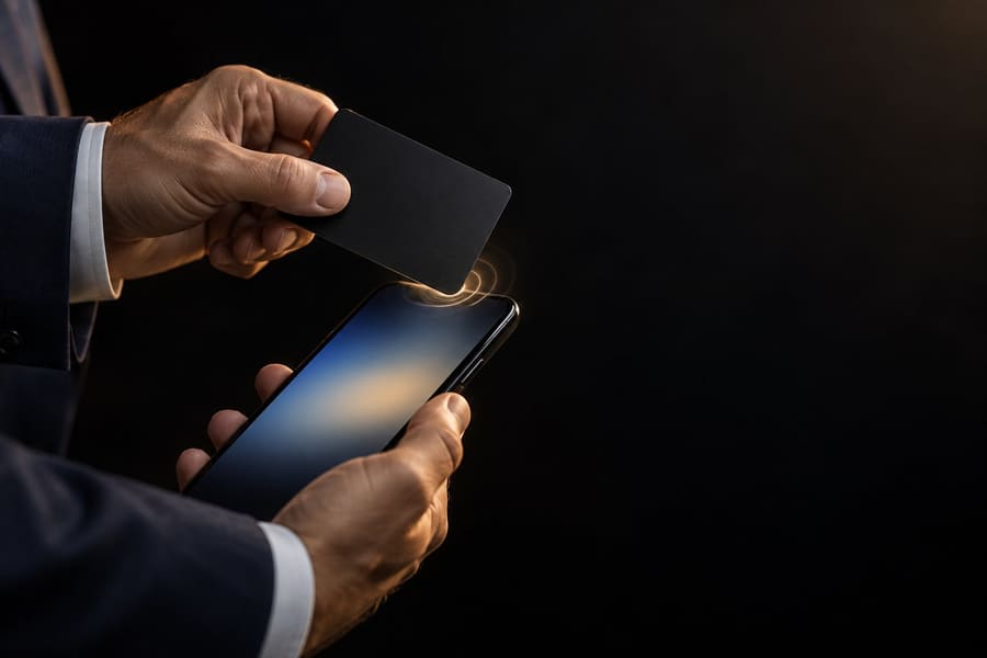 A hand holding a black NexusG8 card against a phone, which lights up as it reads it.
