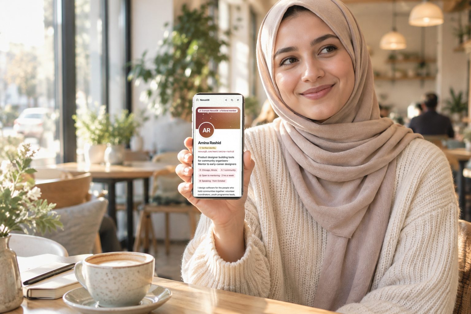 A woman in a café holds up her phone showing a NexusG8 Personal Page