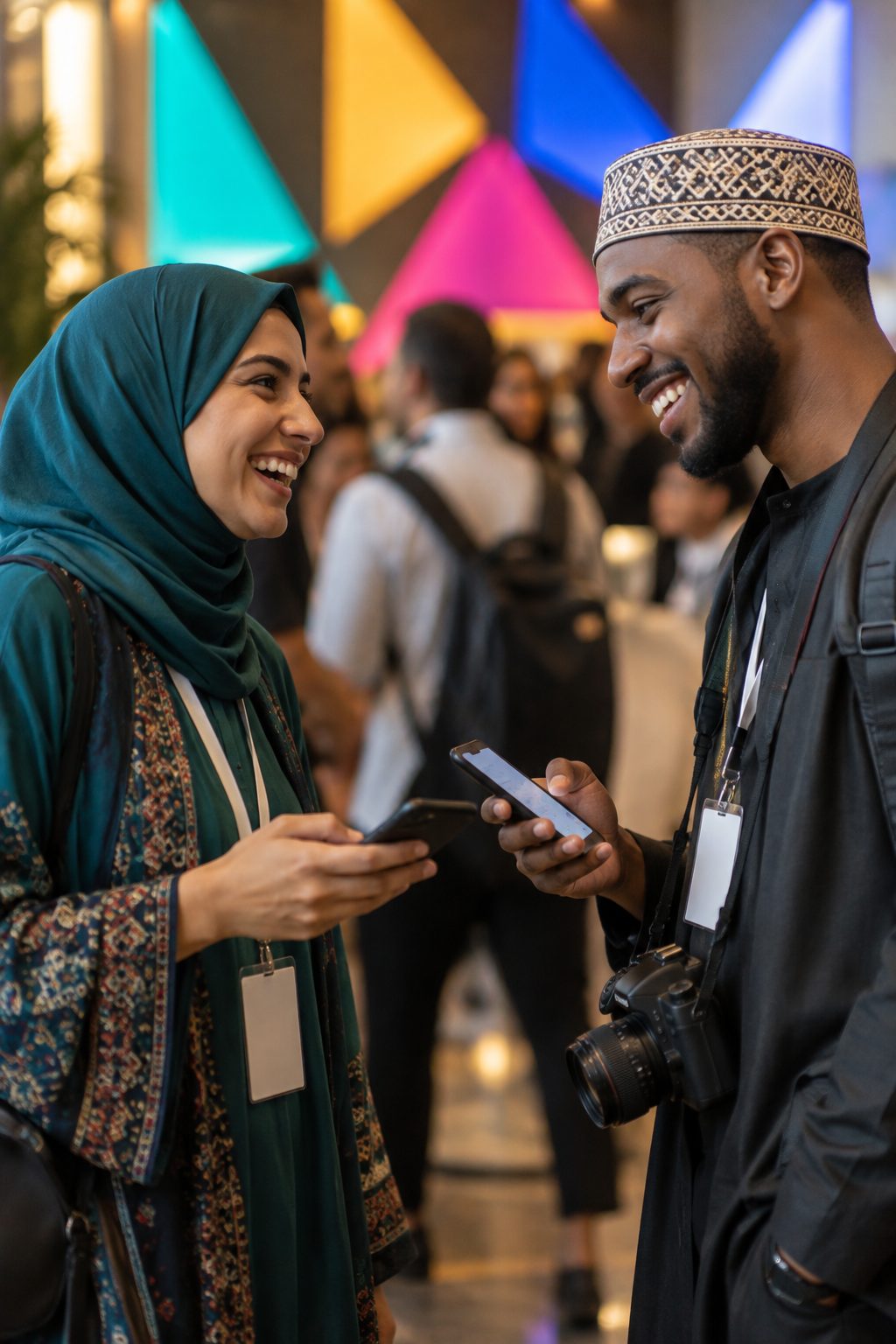 Two people laughing as they swap contacts on their phones at an event